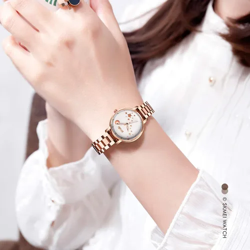 Vista 5 de SKMEI Reloj de mujer rectángulo oro rosa plata acero inoxidable impermeable cuarzo analógico Classic Blanco