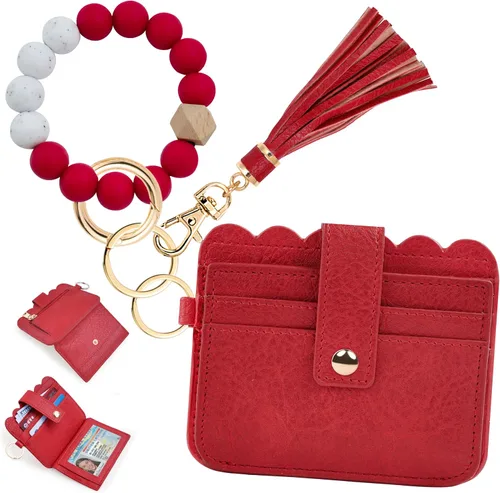 Vista 17 de Cartera de pulsera para mujer con llavero – Tarjetero RFID pequeña cartera con llavero Beige