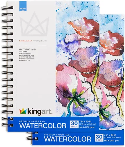 Vista 2 de KINGART Bloc de papel de acuarela prensado en frío, 7 x 10 pulgadas, 1 paquete, 30 hojas (140 libras / 10.58 oz/m²), papel pesado de doble cara