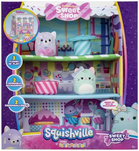 Vista 2 de Squishville de Original Squishmallows Sweet Shop - Set de juego con Priya la Panda Púrpura de 5 cm, Tres’zure el Gato Azul y Mesa y Silla de Bistro