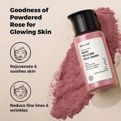 Vista 3 de BRILLARE Limpiador facial en polvo de rosa real, exfoliante facial suave con pétalos de rosa en polvo y sándalo, sin parabenos ni sulfatos, cuidado