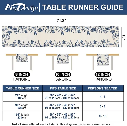 Vista 7 de AnyDesign Camino de mesa azul y blanco de 13 x 71.2 pulgadas, hojas de plantas azules, cubierta de mesa de acuarela, cocina, comedor, decoración