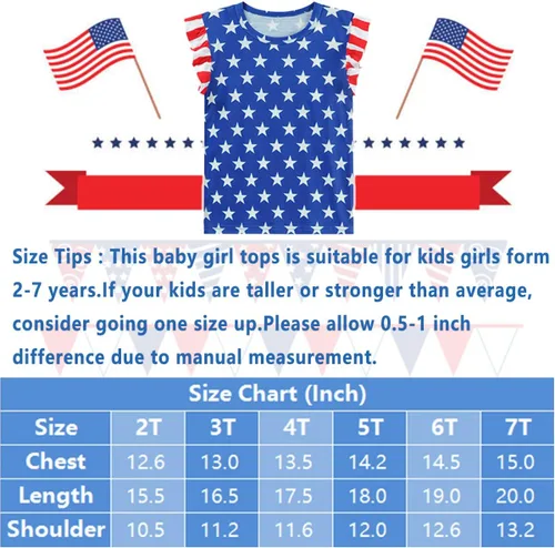 Vista 7 de Girls 4th of July Tee USA Red White and Blue Shirt Toddler Girl American Flag Patriotic Outfit 2-7 Years