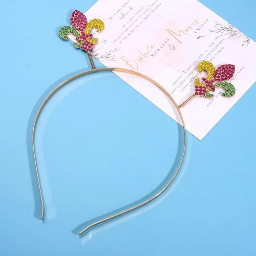 Vista 5 de NVENF Diadema de Mardi Gras con diamantes de imitación de flor de lis, máscara de letras de carnaval, aro para el cabello, accesorio para el cabello
