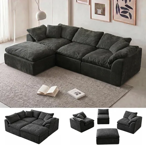 Vista 15 de Sofá modular de nube sin hueso de 110 pulgadas para sala de estar, sofá modular en forma de L de gran tamaño con otomana, sofá seccional de felpilla