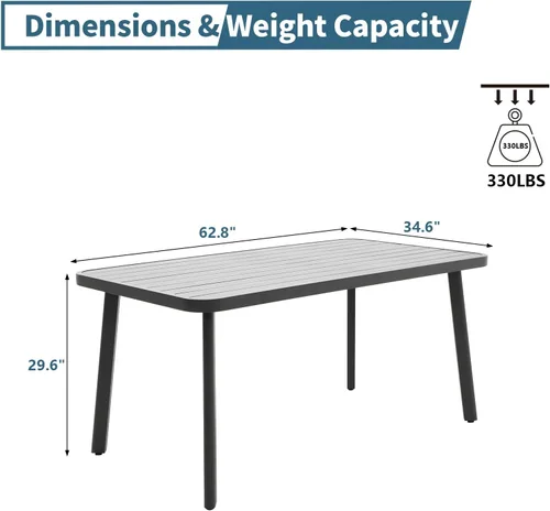 Vista 3 de Mesa de comedor al aire libre para 4 personas 62 pulgadas, mesa rectangular de aluminio para patio, color gris
