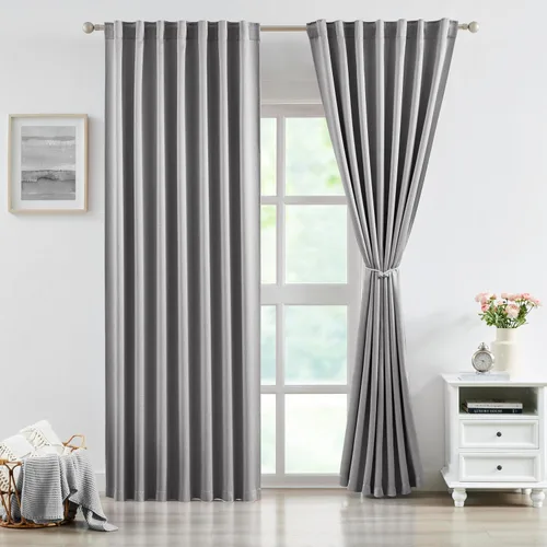 Vista 17 de Bujasso Cortinas de jacquard negras con bolsillo para barra, pestaña trasera y lazos de lujo, cortinas aisladas térmicamente para oscurecer