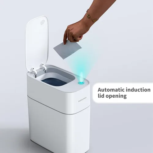 Vista 2 de JOYBOS Botes de basura pequeños para baño con tapas, cubo de basura automático de plástico blanco delgado de 3.8 galones, bote de basura estrecho