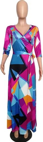 Vista 4 de Akmipoem Vestido largo largo con cuello en V y manga 34 con estampado floral para mujer