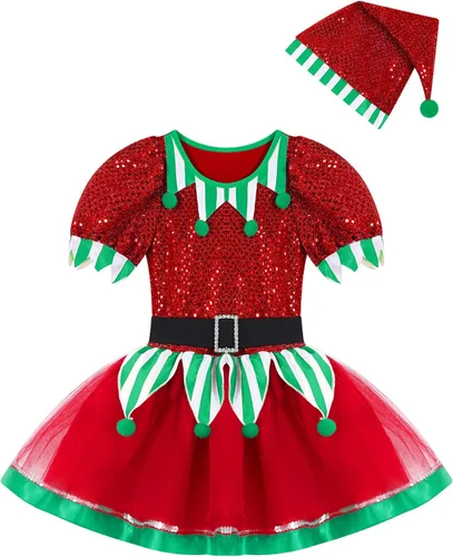 Vista 3 de dPois Disfraz de elfo de Papá Noel para niñas y niñas, vestido de tutú de lentejuelas para baile, traje festivo, fiesta de Navidad