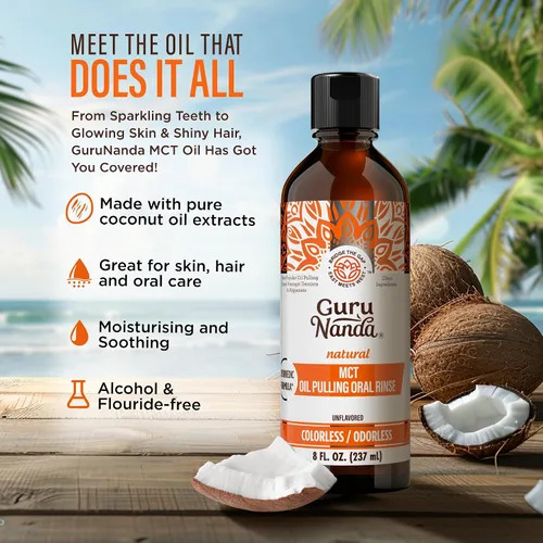 Vista 2 de GuruNanda MCT Oil Pulling - Enjuague bucal para un cuidado bucal suave y natural, extractos de aceite de coco puro, sin sabor, inodoro e incoloro