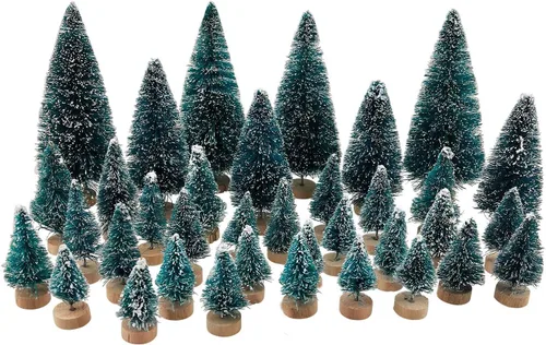 Vista 3 de 36 piezas de mini árboles de Navidad artificiales de plástico de sisal para botellas, árboles de nieve con base de madera para Navidad, hogar