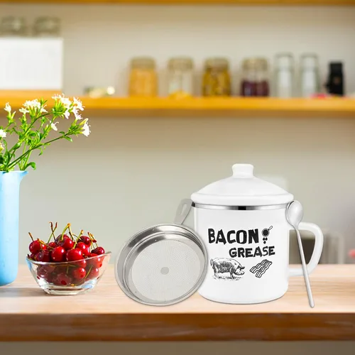 Vista 7 de Recipiente de grasa de tocino de 1.5 L con colador, recipiente grande de 46 onzas de esmalte rústico con tapa y cuchara, protector de grasa
