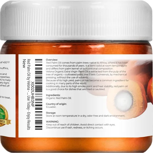 Vista 3 de velona Aceite de palma roja orgánico certificado por la USDA, 2 onzas líquidas, grado alimenticio y cosmético, en frasco, virgen extra, prensado