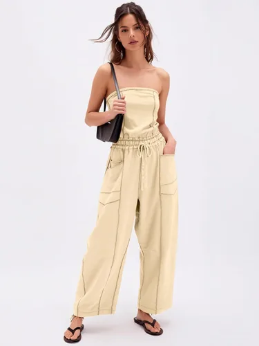 Vista 6 de Sexyasasii Overol casual sin tirantes para mujer, con hombros descubiertos, pantalones largos de pierna ancha con cordón y bolsillos