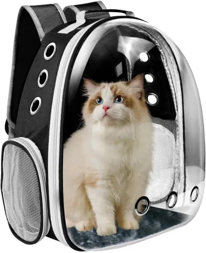 Vista 8 de Mochila transportadora para gatos, transportador de mascotas con diseño ventilado para transportar cachorros y gatos, mochila transportadora de Negro