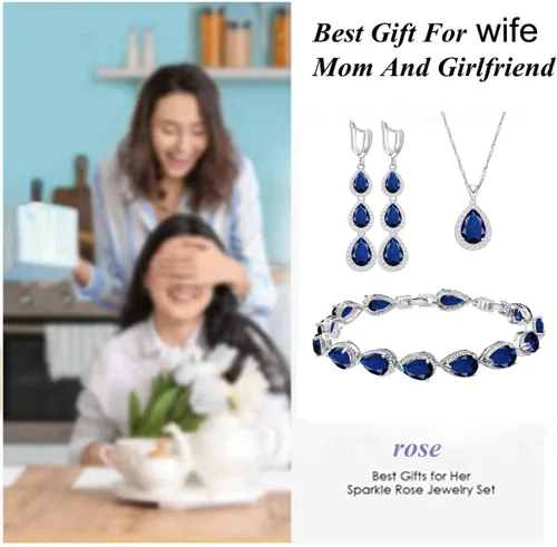 Vista 3 de LMXXVJ Juego de collar y aretes largos, chapados en oro blanco, juego de joyas de zafiro azul creado, joyería de regalo para boda, fiesta, joyería