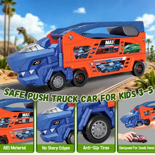 Vista 6 de Juguetes de Camión de Dinosaurios para Niños de 3-5 - Camión Transportador con 6 Autos de Juguete Fundidos a Presión, Camión 3 en 1 con 2 Pistas