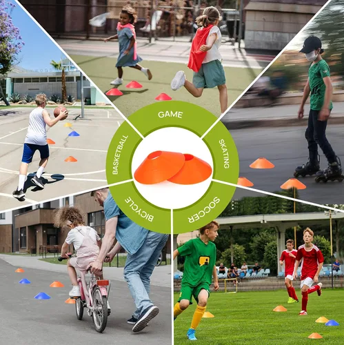 Vista 7 de brooman Paquete de 50 conos de disco de fútbol con bolsa de transporte y soporte para niños, marcadores de campo de fútbol y baloncesto