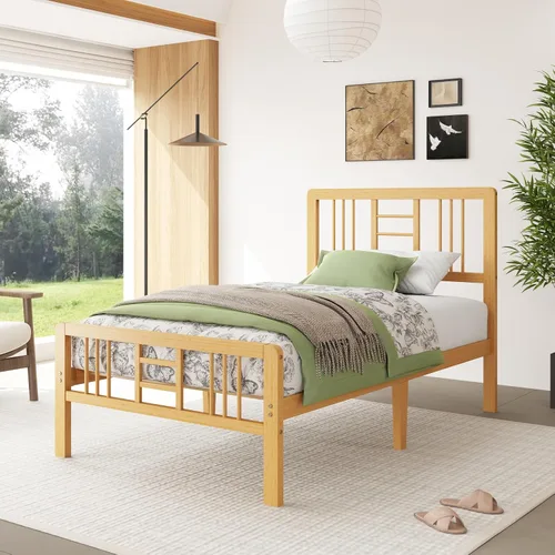Vista 9 de Marco de cama de madera de bambú de 12 pulgadas con cabecero y estribo, marco de cama con soporte de listones de metal, resistente, no necesita