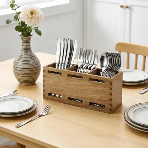 Vista 3 de Organizador de cubiertos de madera de granja, organizador de utensilios de madera de acacia, organizador para cocina, fiesta, tenedor, cuchara