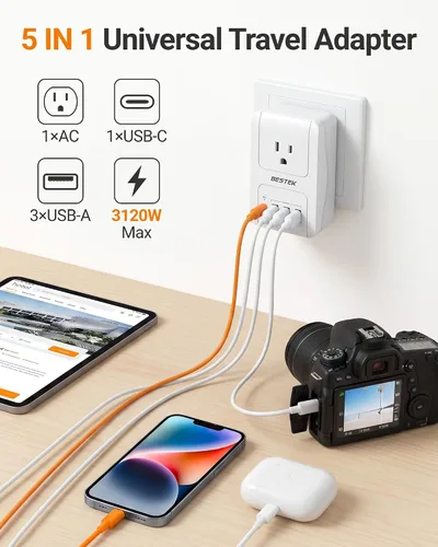 Vista 3 de BESTEK Adaptador de viaje universal, adaptador de corriente internacional con 1 tomacorrientes, 4 puertos de carga USB (1 USB C PD 35W), enchufes