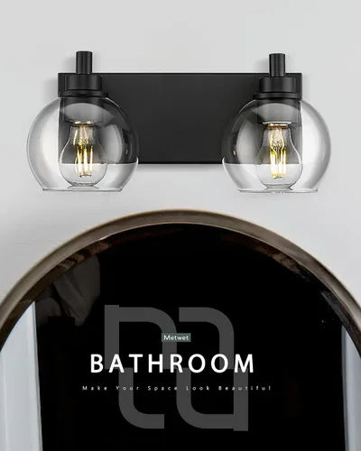 Vista 4 de Accesorios de iluminación de baño, luz de tocador mate negra de 2 luces, apliques de pared modernos con pantalla de globo de vidrio transparente