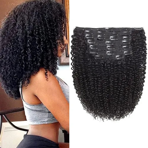 Vista 16 de Extensiones de cabello rizado kinky con clip para mujeres negras 14 pulgadas 2# marrón oscuro extensiones de cabello rizado con clip cabello humano