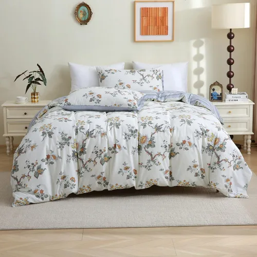 Vista 15 de ABREEZE Juego de ropa de cama de 3 piezas, estilo bohemio, retro, étnico, vintage, floral, ropa de cama bohemia, 100% algodón cepillado, damasco