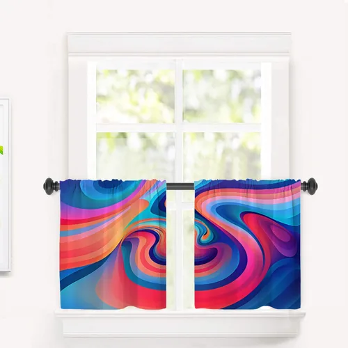 Vista 89 de Cortinas de cocina de hojas de arce otoñales para ventanas, hojas verdes y rojas sobre cenefas opacas negras, tratamientos de ventana de poliéster