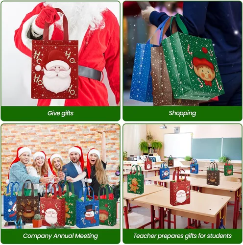 Vista 5 de Clysee 6 bolsas de regalo de Navidad con asas, tela no tejida, bolsas reutilizables para fiestas de Navidad, 6 estilos de 10.2 x 8.3 pulgadas
