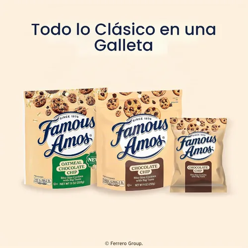 Vista 10 de Galletas Famous Amos clásicas con chispas de chocolate, galletas de tamaño bocado, ideales para compartir, bolsa resellable, dulces golosinas, caja