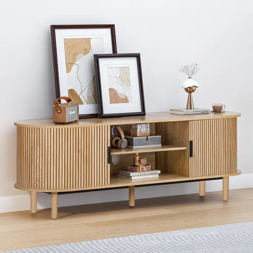 Vista 5 de Janmer Home Soporte de TV acanalado de 54 pulgadas con almacenamiento, consola de TV moderna de mediados de siglo con puertas correderas Tambour