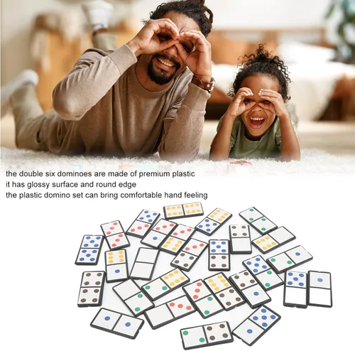 Vista 6 de Juego de dominó, juego de 28 piezas de dominó doble de seis juegos de dominó de plástico portátil, juego interactivo con puntos coloridos para niños