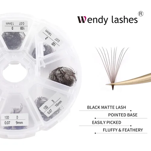 Vista 49 de Extensiones de pestañas de 1200 fans, prefabricadas, con volumen, 9-20mm, bandeja mixta, 20D, con punta en C, base puntiaguda, extensiones