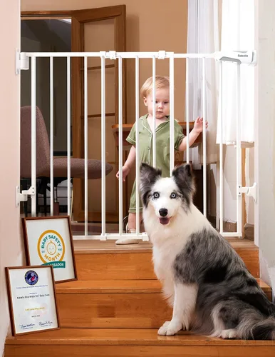 Vista 21 de Babelio Puerta de seguridad para bebés para escaleras, cocina y puertas, sin barra inferior, fácil instalación, operación con una sola mano, cierre