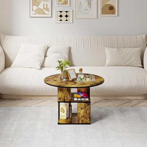 Vista 7 de Elephance Mesa de centro redonda con almacenamiento, mesa de centro de 3 niveles para sala de estar, mesa de madera marrón caramelo con marco negro