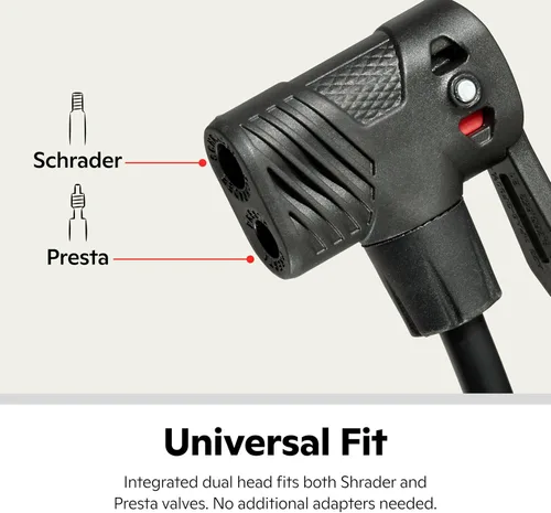 Vista 18 de Schwinn Serie Air Center o bomba de piso básica, para una gama de bicicletas, 100, 120 o 160 PSI, mango de agarre suave, cabezal doble para válvulas
