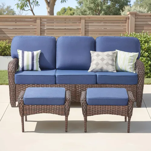 Vista 15 de Sofá de mimbre para patio al aire libre de 75 pulgadas, sofá de ratán para todo tipo de clima, sofá de respaldo alto con asiento profundo y funda