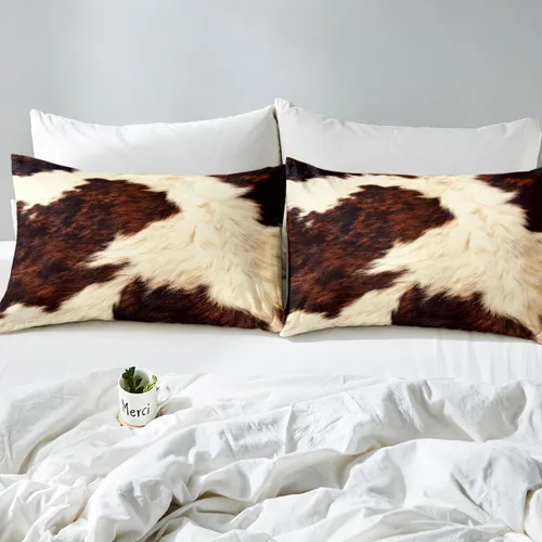 Vista 6 de Funda de edredón con estampado de vaca, tamaño individual, color marrón, beige, blanco, cuero de vaca occidental, juego de ropa de cama de pelo