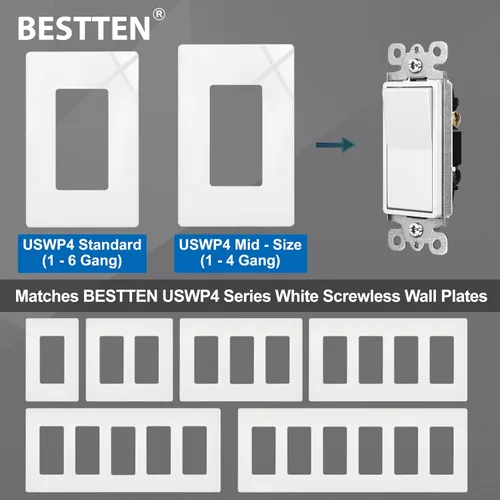 Vista 9 de BESTTEN Paquete de 4 interruptores de luz decorativa de 3 vías con placa de pared, 15 A, 120/277 V, interruptor de paleta basculante de Blanco