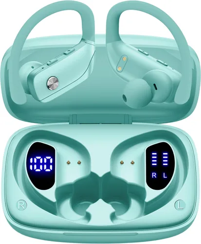 Vista 10 de bmani Auriculares inalámbricos con Bluetooth con pantalla LED de 80 horas de reproducción, gancho sobre la oreja con micrófono, sonido estéreo Negro
