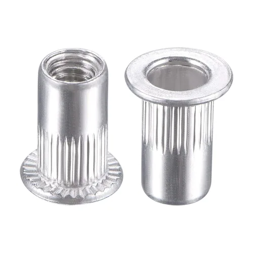 Vista 6 de uxcell Tuercas de remache M3 aleación de aluminio moleteado cabeza plana roscada tuerca de inserción plateada 50pcs