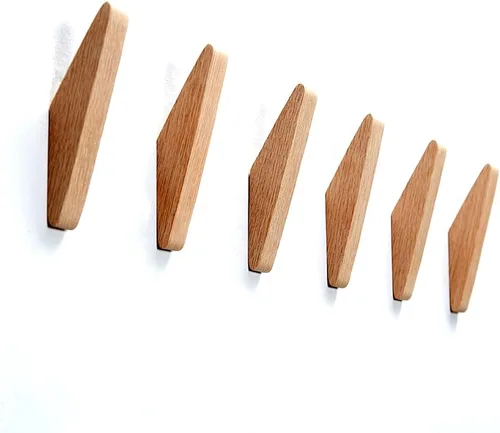 Vista 3 de Paquete de 6 ganchos de pared de madera, ganchos de roble para abrigos, diseño minimalista, resistente para bata, colgador de ropa de madera