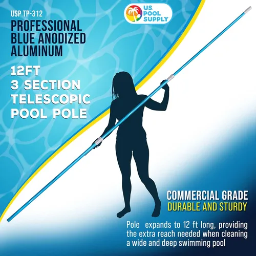 Vista 2 de U.S. Pool Supply Poste telescópico de piscina de 12 pies – Red de aluminio para piscina, rastrillo, cepillo, mango de cabeza al vacío, adjunta