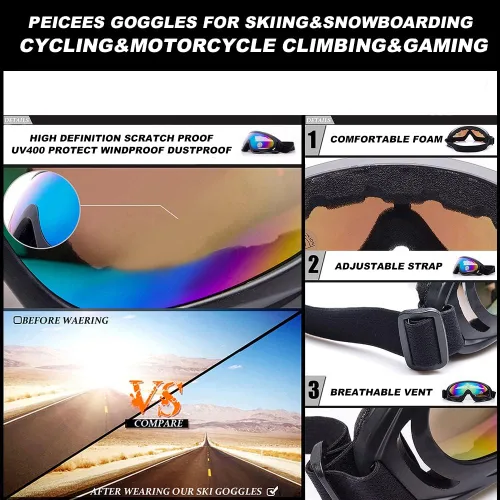 Vista 4 de Peicees Paquete de 4 gafas de esquí para mujeres, hombres, niños, deportes de nieve, motocicleta, snowboard