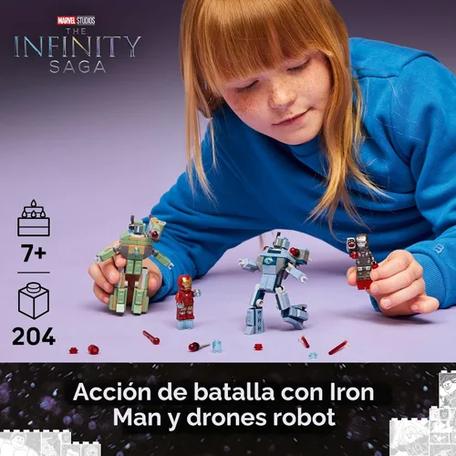 Vista 2 de LEGO Marvel Iron Man & War Machine vs. Hammer Drones Juguete de construcción – Juego de simulación con 2 minifiguras de juguete – Bloques