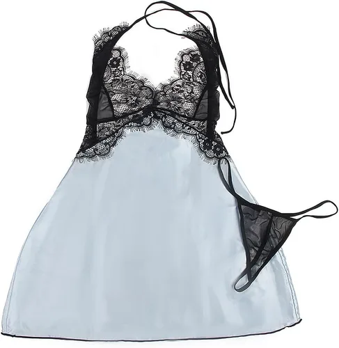 Vista 7 de ohyeah Plus Size Babydoll Lingerie for Women Lace Sleepwear Halter Nightwear V Neck Chemise Satin Silk Nightgowns