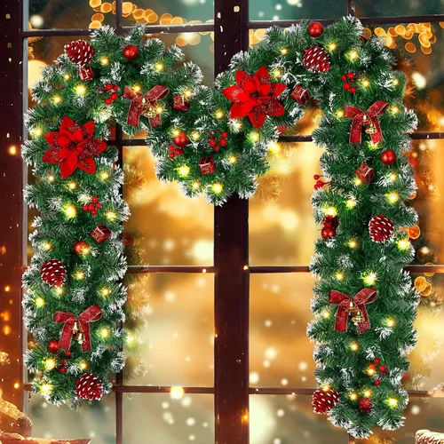 Vista 8 de DOIOWN Guirnalda de Navidad, guirnalda de Navidad preiluminada de 9 pies con luces, 100 luces LED de decoración de Navidad con bayas, lazos, piñas
