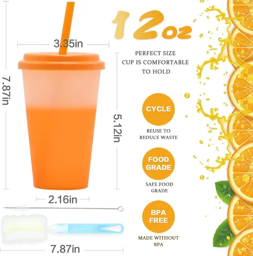 Vista 3 de FIEKEICC Vasos que cambian de color, 10 vasos de plástico de 12 onzas con tapas y pajitas para batidos de café helado, vasos reutilizables a prueba
